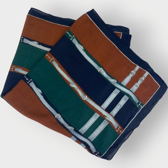 Vintage Italian Womens Rayon Scarf | Equestrian Belt Print | Preppy Old Money - Picture 1 of 6